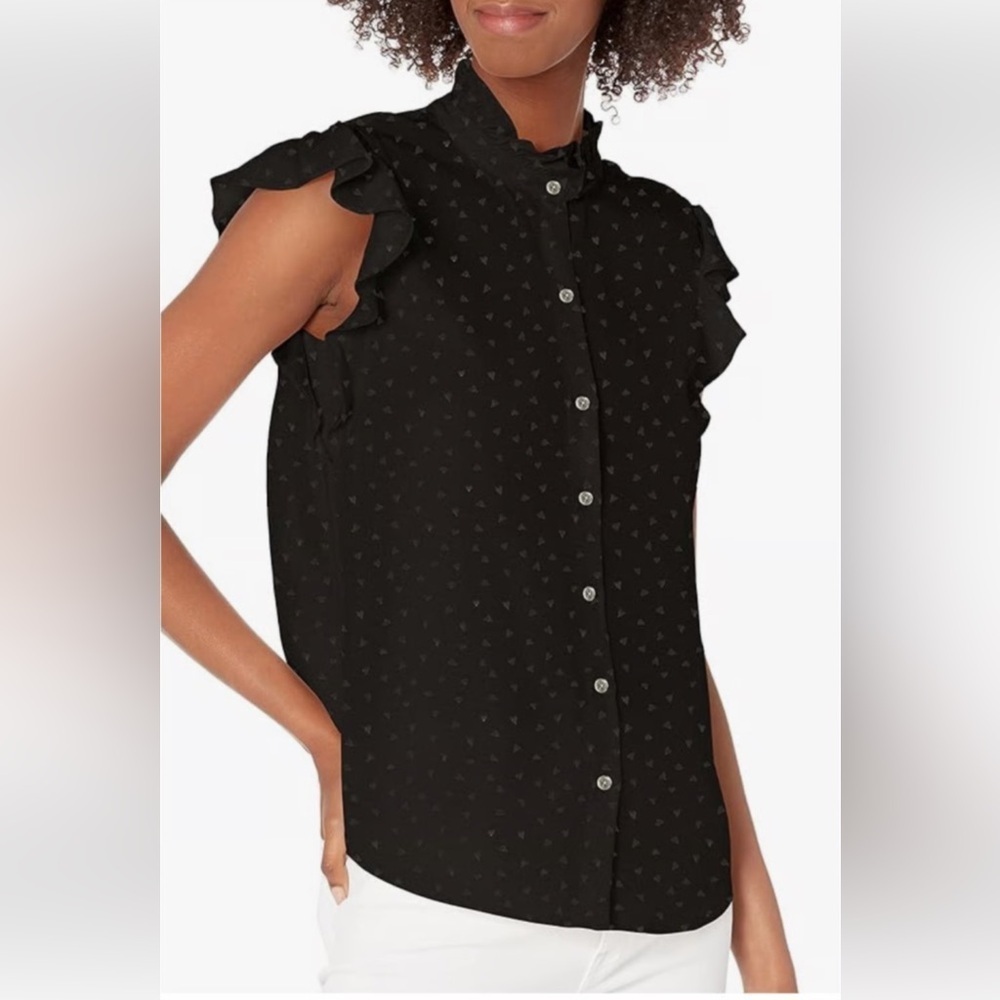 Rebecca Taylor | Black Silk Ruffle Sleeve Button Up Top w/Heart Print, Size 2